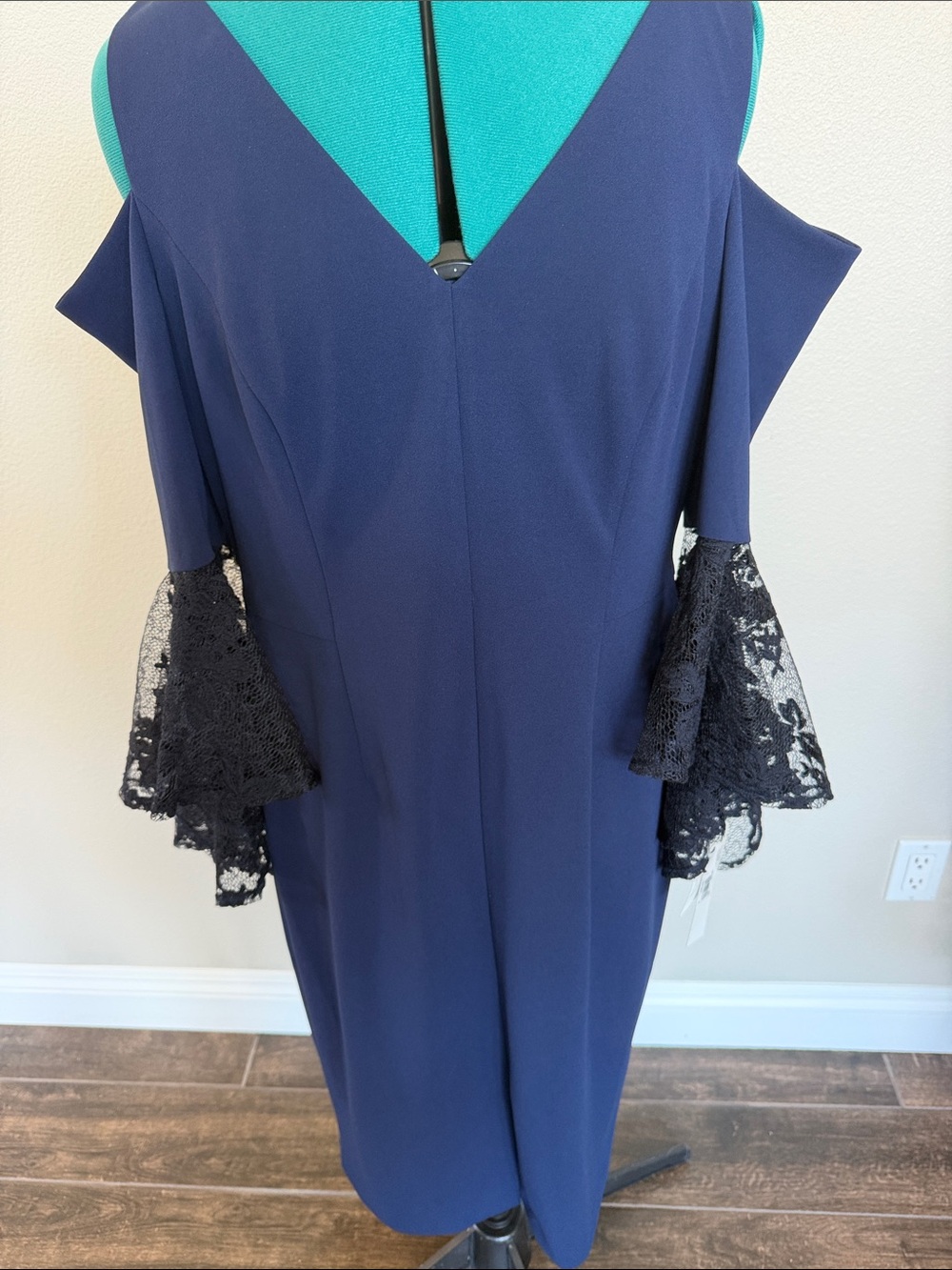 Maggy London Navy Cold-Shoulder Dress with Lace Bell Sleeves